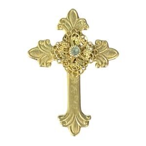 Vintage Cross Brooch Signed Jane AOL 1999 Center Clear Crystal,Gold Tone Pin